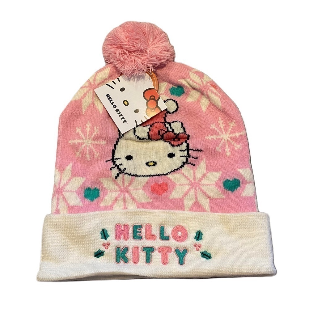 Hello Kitty Christmas Winter Knit Hat Beanie NEW Holly Leaf Snow Flake Pink